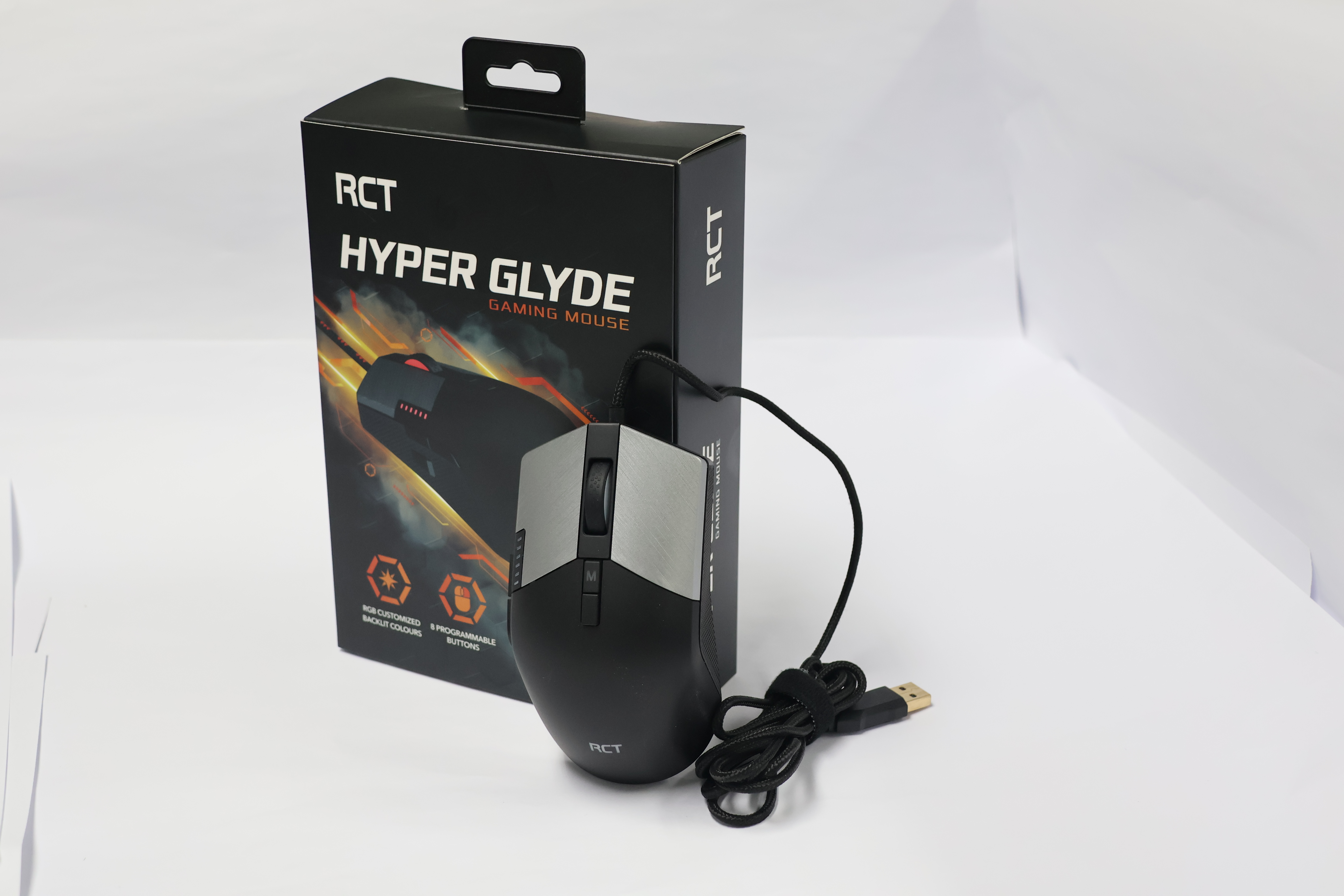 RCT HyperGlyde Gaming Mouse; 16000DPI switchable; 8 Programmable buttons; Interchangeable weights; Omron Mechanical Switches. 