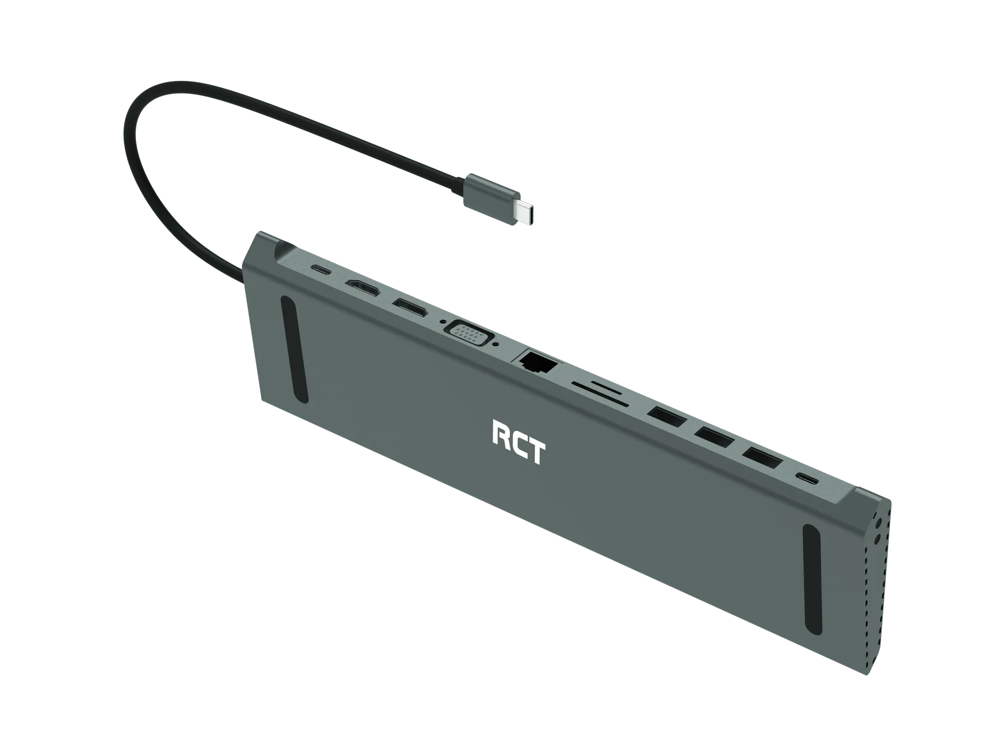 RCT 13-in-1 USB type C dock with MST function;1 HDMI; 1 DP; 1 VGA; 3 USB 3.0; 1 RJ45; PD; 3.5mm audio & mic; SD/TF3.0 reader