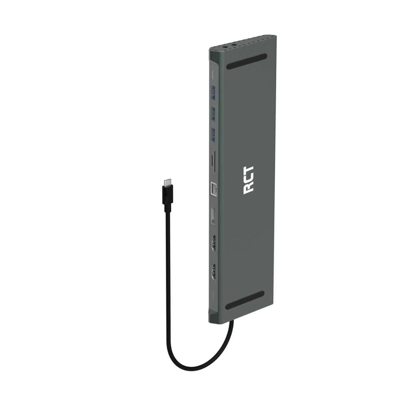 RCT 13-in-1 USB type C dock with MST function; 2 HDMI; 1 DP; 3 USB 3.0; 1 RJ45; PD; 3.5mm audio & mic; SD/TF3.0 reader